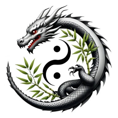 An icon symbolizing Eastern martial arts in the style of an emblem, with a black-and-white Yin-Yang symbol at the center. A dragon is placed on either side, representing strength and wisdom. The design includes bamboo and traditional elements. Transparent background sticker