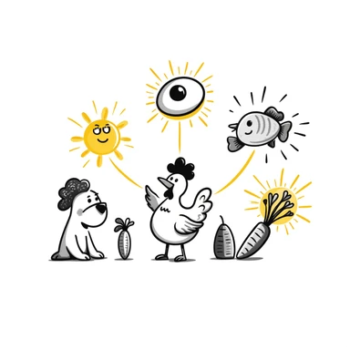 Ethereal magical image of glowing chicken, luminous fish, and radiant carrots with golden beams connecting them to a healthy eye, glowing skin and a shimmering immune shield sticker