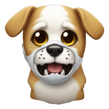 A little dog with a huge ball in its mouth, wearing a Skelton mask  sticker