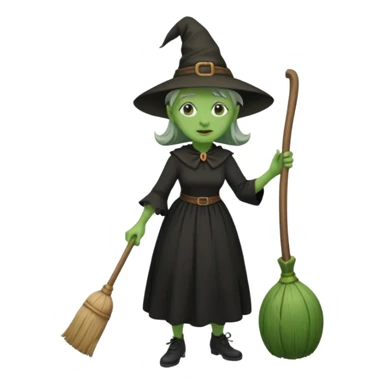 Old witch with green skin and a big nose waering a black dress and riding a broom sticker