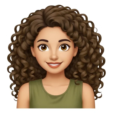 Mujer latina piel canela, mediana, cara redonda en forma de pera, cejas definidas, pelo muy largo rizado, peinado hacia atrás con bucles sueltos al frente. Sonrisa amplia, expresión alegre. Blusa verde olivo sin mangas sticker