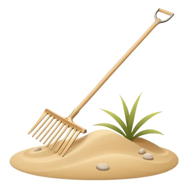 Minimalist emoji of a Japanese zen garden rake with four teeth, elegant thin lines, light wood tone, sand-beige palette, flat vector style, calm and balanced aesthetic, zen-inspired, transparent background, premium minimal design sticker