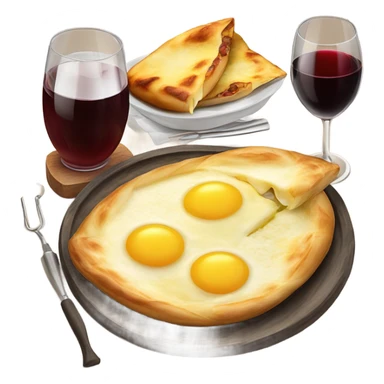 Khachapuri in Ajarian style, 2 identical  glasses of wine and 2 skewers with meat   sticker