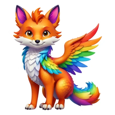 Cartoon Fox dragon hybrid with wings face front full body rainbow colored sticker