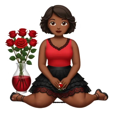 A plus-size black woman with short, straight, dark brown hair is wearing a red sleeveless shirt and a black lace ruffled skirt. She is holding a rose and sitting on the floor with her legs crossed. On the floor is a glass vase with red roses. sticker