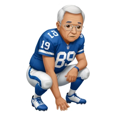A grandpa playing football wearing an Indianapolis Colts jersey is. Show him kind of crouch down to the ground, holding the football and the name rivers on the back of his jersey. sticker