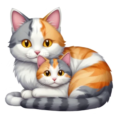grey and white cat cuddling a colourful light patched calico + white tabby cat sticker