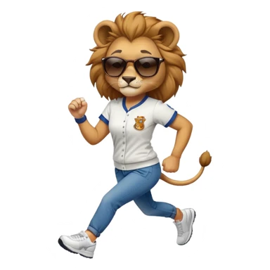 confident female lion jogging upright wearing baseball shirt, jeans, trainers, dark sunglasses, friendly expression sticker