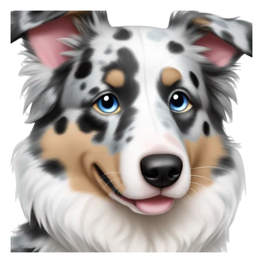 Blue Merle and white Australian Shepherd with black white and gray color pattern face is all white with blue eyes spots around eyes and spots on a cute pink nose sticker