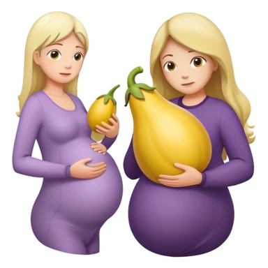 yellow eggplant attached to a pregnant person, with a bowing person turned to the side sticker