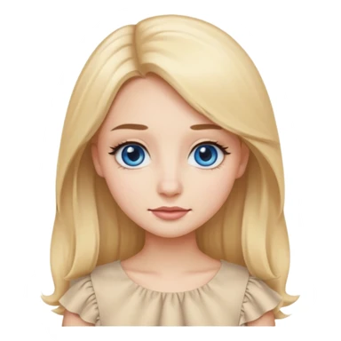 Emoji girl with small close-set blue eyes and eyeliner, long and straight eyebrows, long round nose, wide not full lips, long oval face shape, long blonde hair in cute ruffle beige top sticker