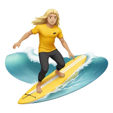 Man surfing on a yellow white board with long blond hair, yellow t-shirt with black Nike logo in center of chest, black baggy sweatpants. sticker