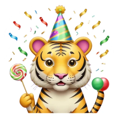 Party Tiger with a party hat and a party popper sticker