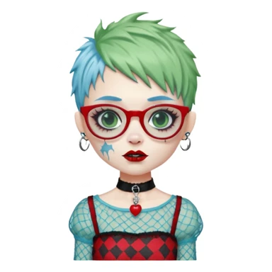 Ghoulia yelps monster high doll in scene/emo style cherry print dress with fishnet sleeves, clothes, thin, small, red, rectangle glasses, pale white-blue skin, pale-green shaggy pixie-cut , zombie scars , boy, punk choker sticker