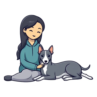 Very thin Chinese woman with long black hair relaxing in a luxurious hotel suite with exactly ONE whippet dog. EXTREME IMPORTANCE: the whippet must be ONE SOLID VERY DARK CHARCOAL GREY COLOR from nose to tail with ABSOLUTELY NO WHITE MARKINGS anywhere - NO white on face, NO white on muzzle, NO white on chest, NO white on paws, NO white on tail - NOTHING BUT A SINGLE SHADE OF VERY DARK GREY throughout the entire animal sticker