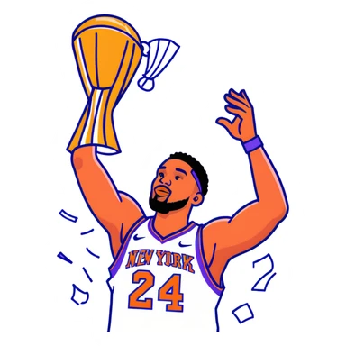 New York Knicks basketball player celebrating with NBA championship trophy, confetti, blue and orange sticker