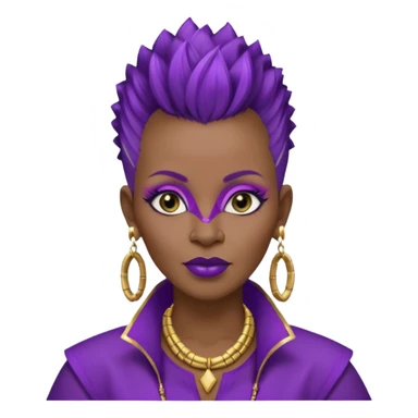 57yr old Qeen black woman with a natural hair mohawk style haircut adorning purple royalty clothing and purle lipstick and eyeshadow purple,  with a nose studs on each side. Wearing gold square  bamboo earrings  sticker