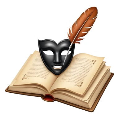 An icon featuring an open book with flowing pages, a feather quill, and classic literary symbols like a theater mask and inkwell. The design includes a subtle parchment background with faint text lines, symbolizing the study of literature. Transparent background emphasizes creativity and analysis. sticker