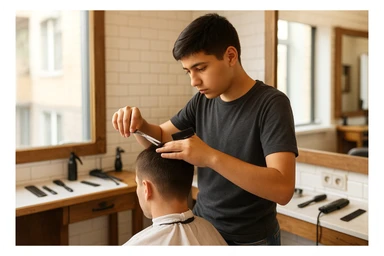 yuzi ko'rinmasin sartaroshxonada ishlayotganini tasvirlab ber mijozlarni sochini olayotganini o'smirin davrini sticker