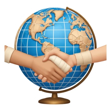 instead of two hands holding a globe, we have two hands handshaking in front of a globe. And in the background, we can see that the globe has a bandage or something.  sticker