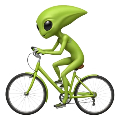green alien riding a bicycle, big black eyes, thin body, casual cycling pose, playful sci-fi vibe, 3D cartoon, mobile game icon style, clean background, no text, no watermark
 sticker