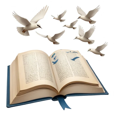 Icon for Poetry Reading: an open book with verses on the pages, from which fly pages transforming into a large flock of small white birds soaring into the blue sky. The icon should evoke the freedom and beauty of poetry. Transparent background. sticker