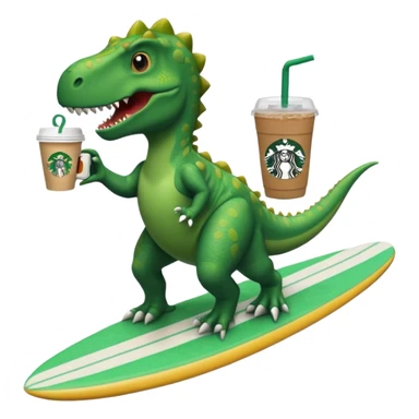 A dinosaur on a surfboard holding Starbucks sticker