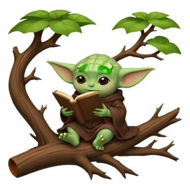 Baby Yoda con su tunica chocolate leyendo en un bosque sentado en una rama caida de un arbol sticker