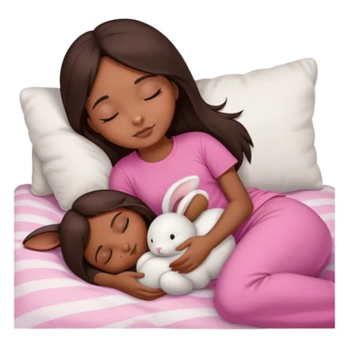 create a brown skin girl with long straight dark brown hair wearing a pink t shirt sleeping on a white blanket with her stuffed rabbit plushie next to her  sticker