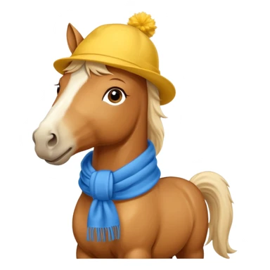 a fabulous funny winter horse in a yellow hat with a blue scarf sticker