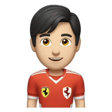 A young smiling white boy with a long face in red Ferrari jersey with very short black hair and light green eyes and dig cheeks sticker