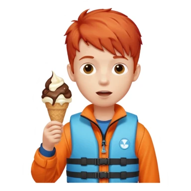 boy kid red haired wearing lifejacket, eating ice cream sticker