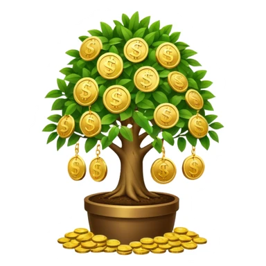 large flourishing money tree with abundant coin and bill leaves, representing magic of compounding and financial growth, clear modern emoji style sticker