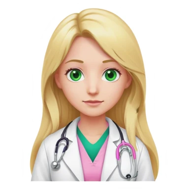 Long blonde hair doctor in pink undershirt white coat over pink stethoscope and green eye sticker