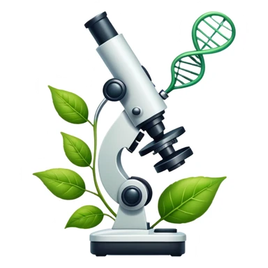 An icon featuring a DNA strand, a microscope with visible cells, and a green leaf, symbolizing biology. The design includes animal cells, plant structures, representing the study of living organisms and ecosystems. Transparent background highlights life sciences and biological research. sticker