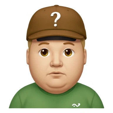 fat man with brown cap and green t shirt printeed a question mark sticker