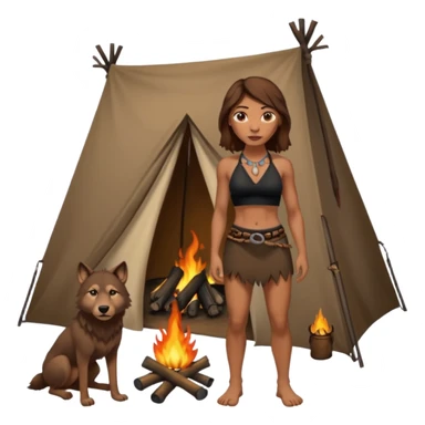 a NEANDERTHAL WOMAN WITH BROWN HAIR STANDING BY A FIRE AND TENT WITH BLACK WOLF HALTER TOP AND COMPUTER' sticker