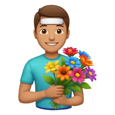 Man with bright shirt carrying a bunch of flowers sticker