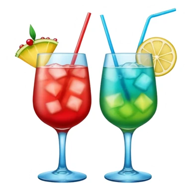 Create two emoji of clear red blended yellow cocktail, cheers with blue blended green cocktail, without any fruit and skewers sticker