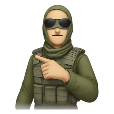 A person masked with shemagh and wearing military clothing and He points his index finger upward  sticker