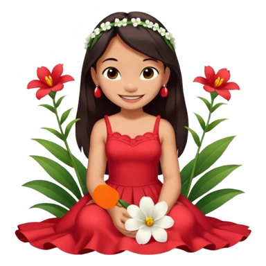 Lilo from Lilo & Stitch, in a red dress with white flowers, sitting and smiling sticker