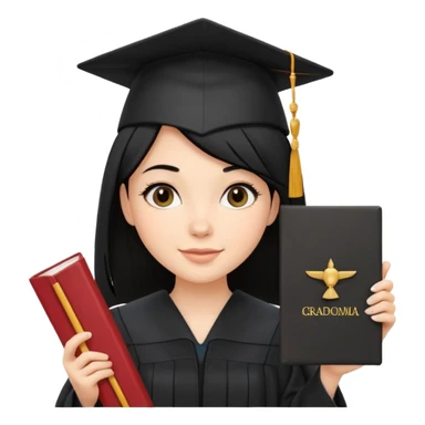 white girl with straight black hair, holding diploma, black graduation cap and gown, cheerful sticker