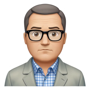 50-year-old heavyset man with very wide face and prominent square jawline. Short straight hair combed to the side, not balding. Large dark square glasses. Serious-relaxed expression. Light gray jacket that fits his larger frame, white shirt with blue checkered pattern. sticker