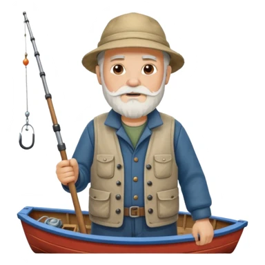 an old white haired, bearded man in fisherman attire, stood in a boat at sea, holding a fishing rod and catching fish with it. sticker