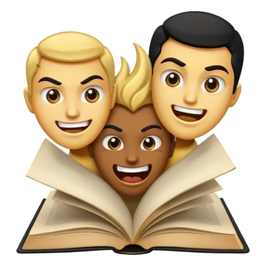 open book with three faces, smiling and happy,one angry, one smiling and happy, make it black and gold one that is okei, natural. sticker