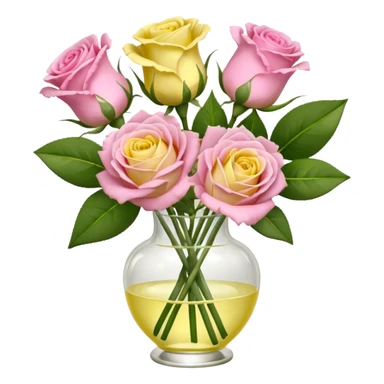 A mixed bouquet of four flowers, featuring pink roses and yellow lisianthus. sticker