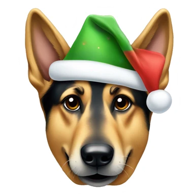 A German shepherd wearing a Christmas hat with a dog bone in its mouth sticker