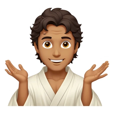 Cinematic Realistic Hercules Portrait, head tilted dramatically with an exaggeratedly amused expression, featuring expressive eyes and a hint of a roguish smile. His bronze, marble-like skin and thick, wavy dark hair, rendered with classical artistry, complement his flowing white robe adorned with delicate golden accents, all brought to life with dynamic natural lighting that captures a rare, playful moment from an enduring legend. sticker