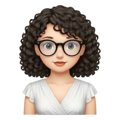 create a frontend girl that has a round face curly hair with a side curtain bangs and wears black rayban glasses doesnt smile with her teeth and white sticker