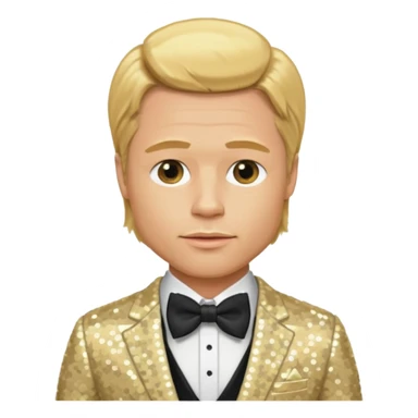Brad Pitt with golden blonde hair, cream sequin suit with bow tie sticker